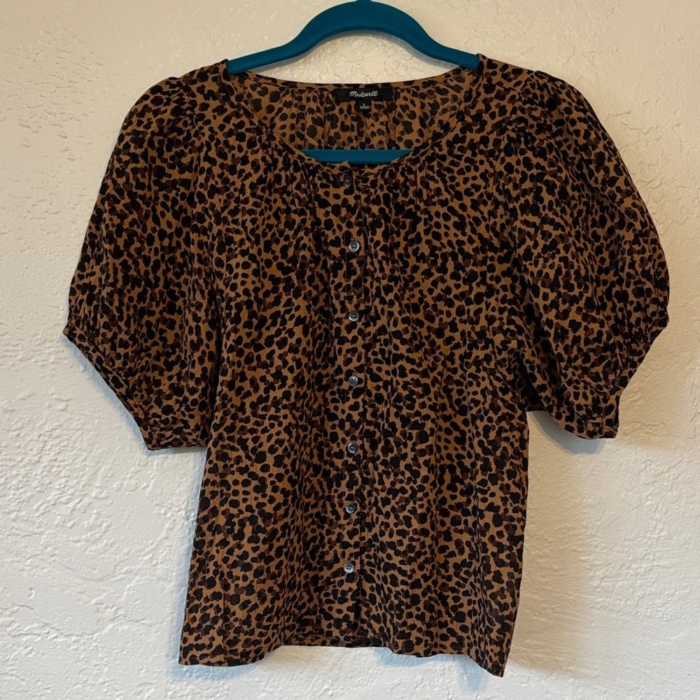 Madewell Leopard Animal Print Short Puff Sleeve Button Front Blouse S